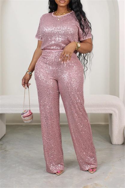 Women's Sparkling Sequin T-shirt and Pants Set Round Neck Short Sleeve Top Straight Leg Loose Pants Party Outfit