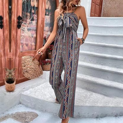 Women 2025 Summer Vintage Jumpsuit Patchwork Hippie Overalls Harem Wide Leg Pants One Piece Romper with Pocket