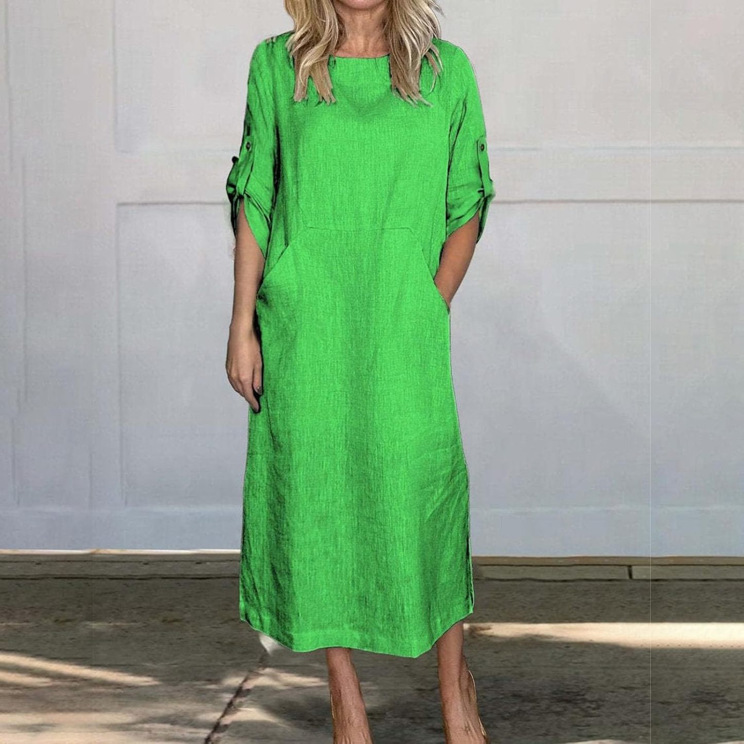 Women's Cotton and Linen Spring and Summer Fashion Solid Color Loose Casual Dress V Neck Dress