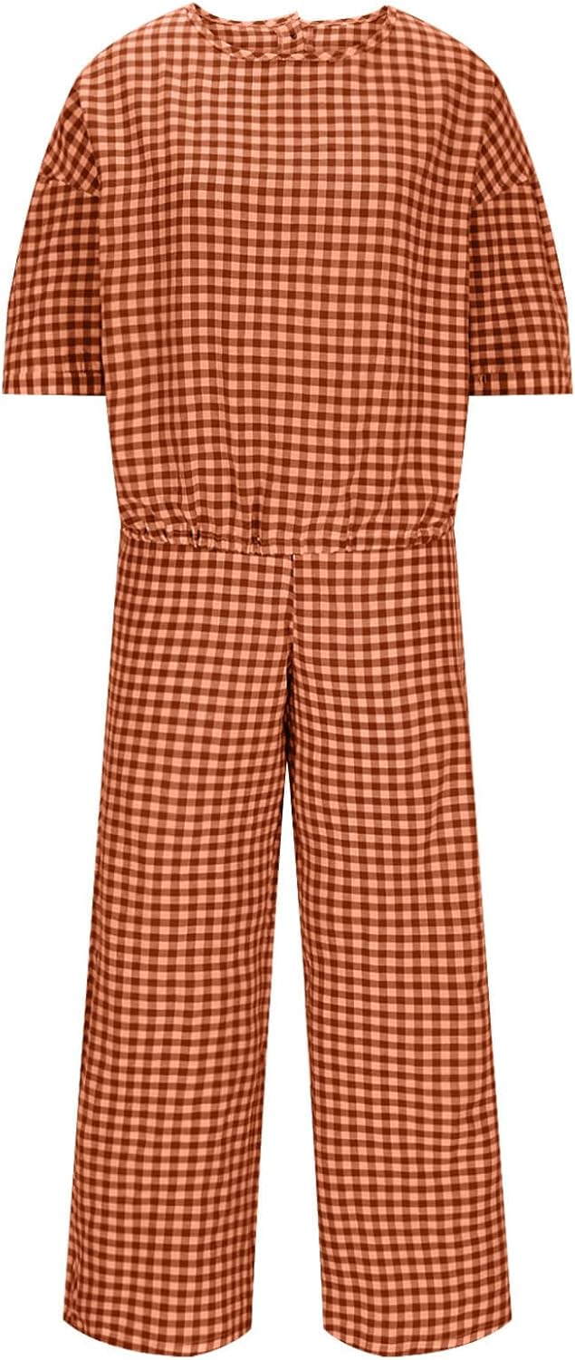 Womens 2 Piece Outfits Crew Neck Half Sleeve Button Back Shirt Tops High Waist Wide Leg Pants Lounge Linen Plaid Sets