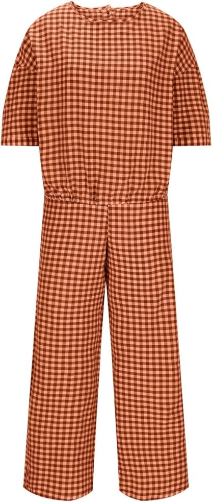 Womens 2 Piece Outfits Crew Neck Half Sleeve Button Back Shirt Tops High Waist Wide Leg Pants Lounge Linen Plaid Sets