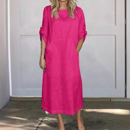 Women's Cotton and Linen Spring and Summer Fashion Solid Color Loose Casual Dress V Neck Dress