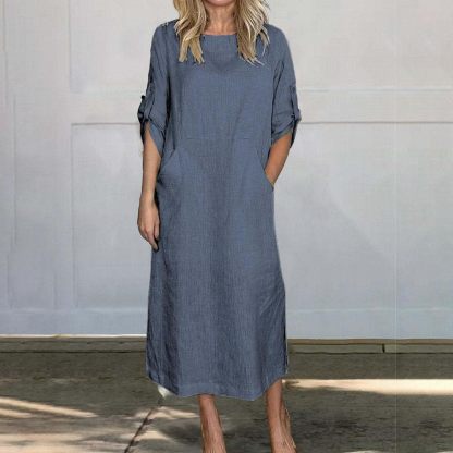 Women's Cotton and Linen Spring and Summer Fashion Solid Color Loose Casual Dress V Neck Dress