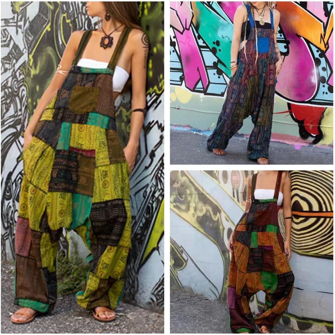 Women 2025 Summer Vintage Jumpsuit Patchwork Hippie Overalls Harem Wide Leg Pants One Piece Romper with Pocket