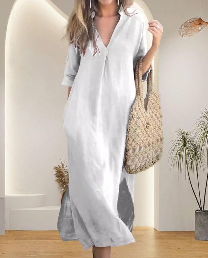 Womens Summer Floral V Neck Maxi Dress 3/4 Sleeve Casual Loose Flowy Long Dress with Pockets