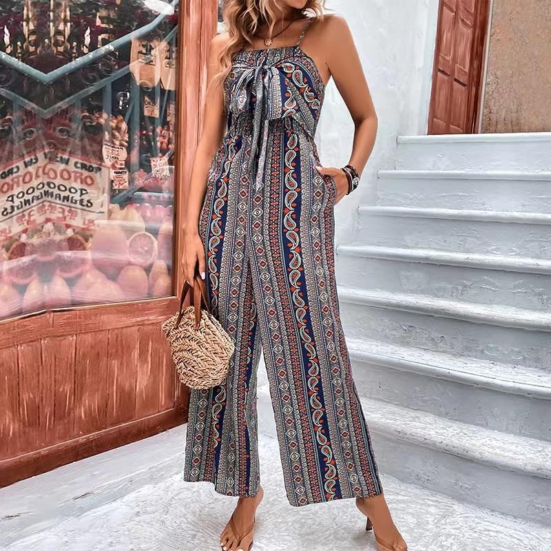 Women 2025 Summer Vintage Jumpsuit Patchwork Hippie Overalls Harem Wide Leg Pants One Piece Romper with Pocket