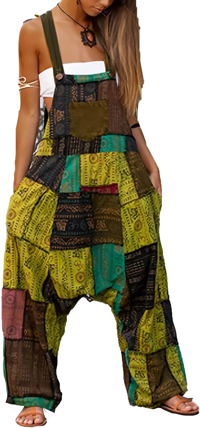 Women 2025 Summer Vintage Jumpsuit Patchwork Hippie Overalls Harem Wide Leg Pants One Piece Romper with Pocket