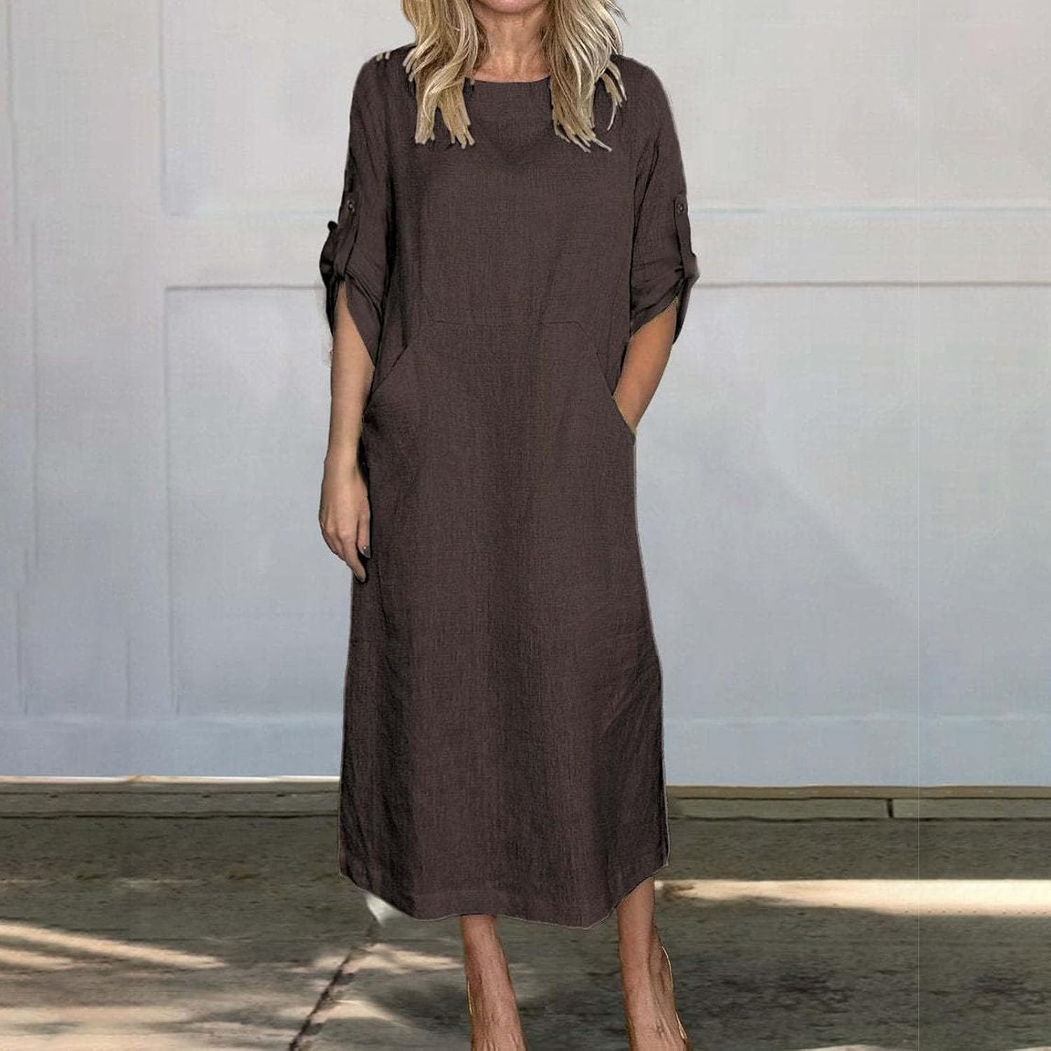 Women's Cotton and Linen Spring and Summer Fashion Solid Color Loose Casual Dress V Neck Dress