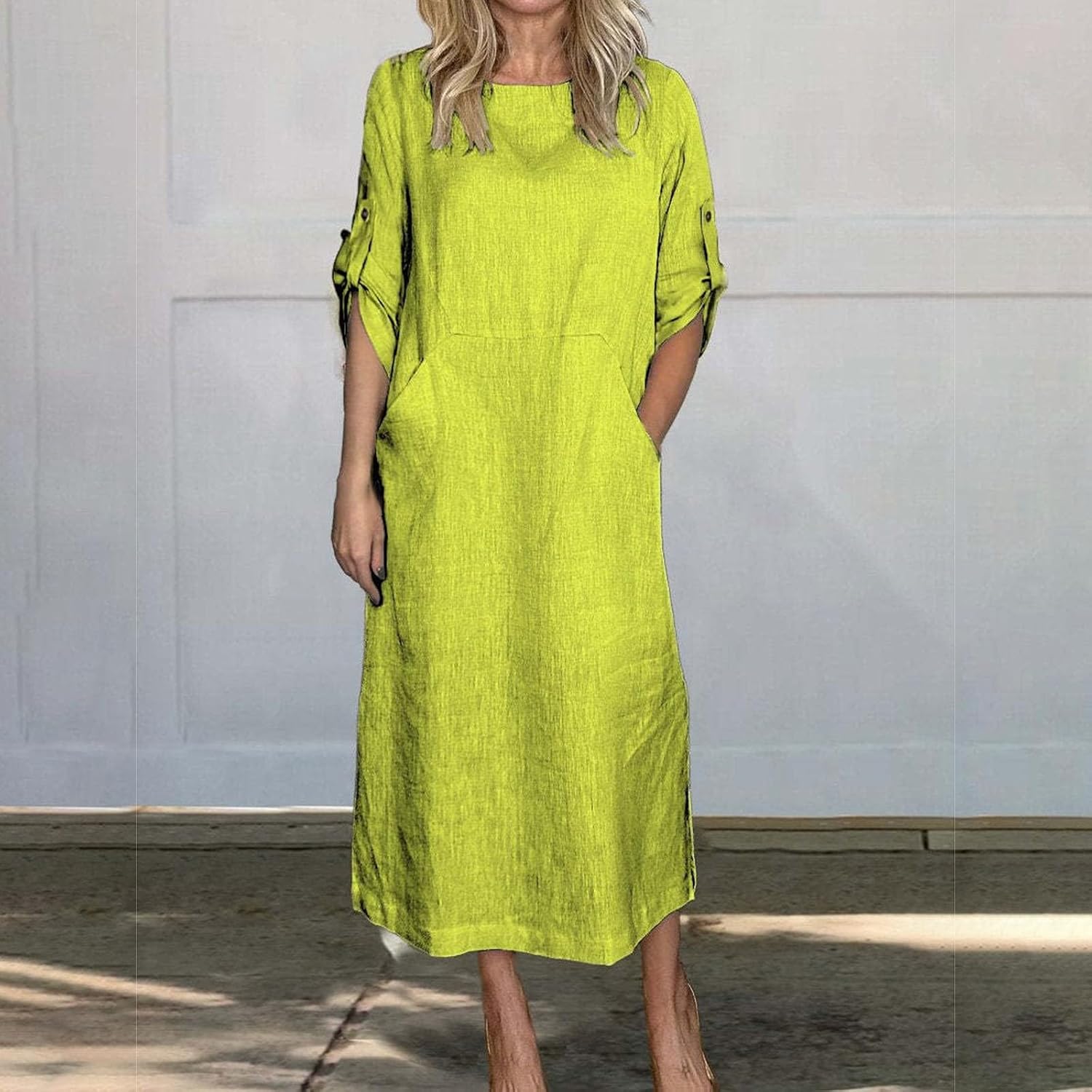 Women's Cotton and Linen Spring and Summer Fashion Solid Color Loose Casual Dress V Neck Dress
