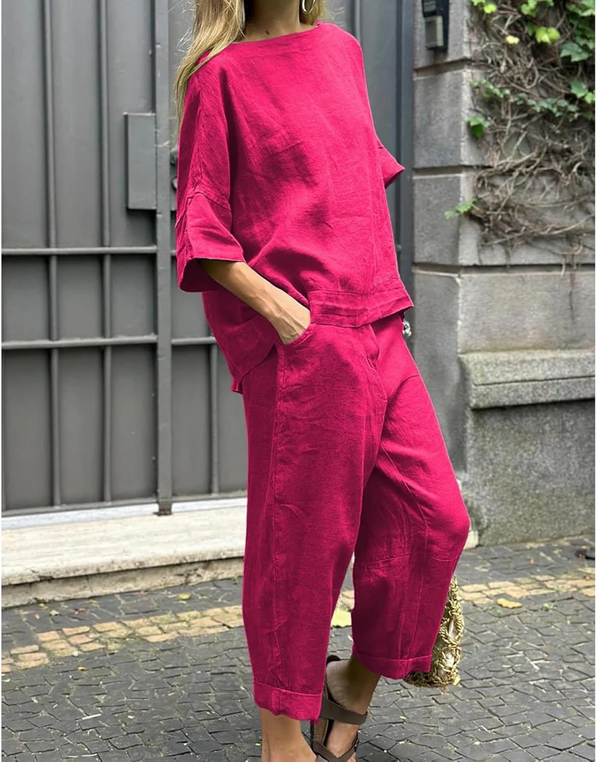 Womens 2 Piece Outfits, Cotton Linen Casual Lounge Sets, 3/4 Sleeve Tops And Elastic Waist Pants, Streetwear
