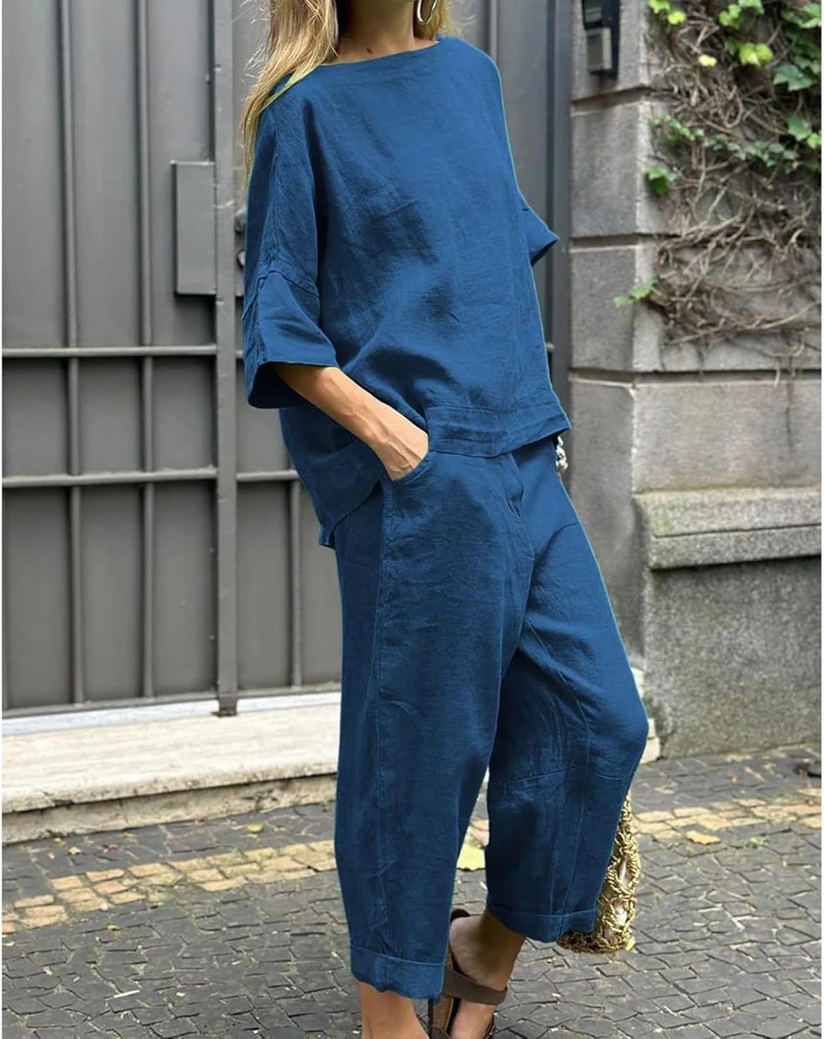 Womens 2 Piece Outfits, Cotton Linen Casual Lounge Sets, 3/4 Sleeve Tops And Elastic Waist Pants, Streetwear