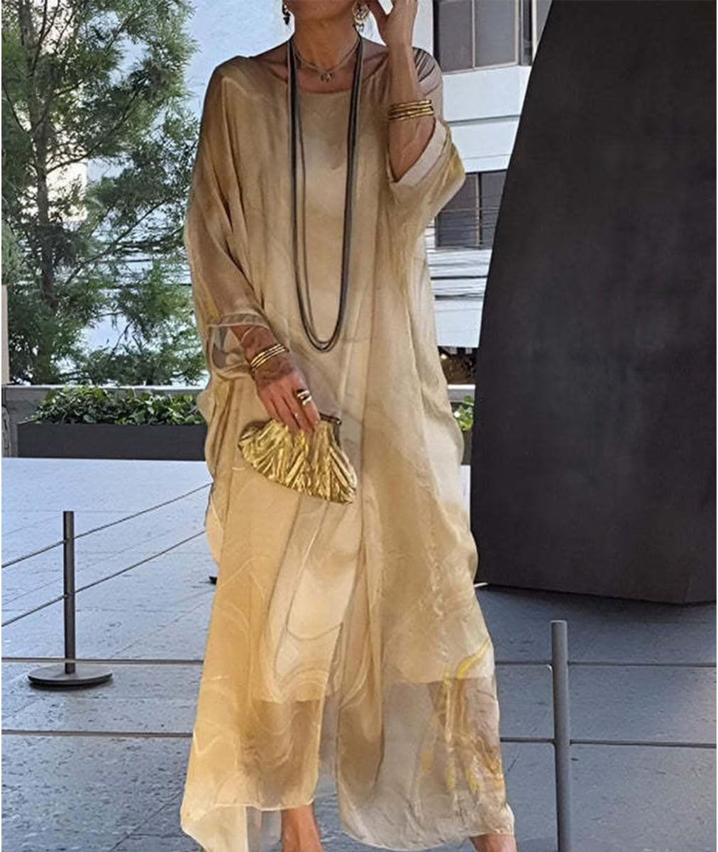 Women's Elegant Chiffon Print Dress,Marble Print Skirt for Cocktail Party,Round Neck Flowy Long Sleeve Cape Dress