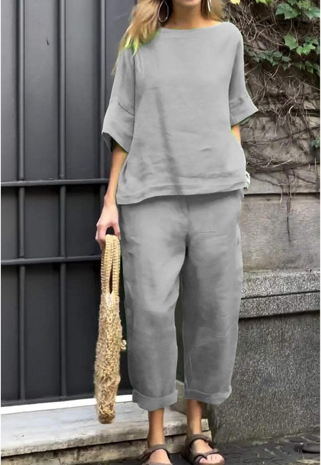 Womens 2 Piece Outfits, Cotton Linen Casual Lounge Sets, 3/4 Sleeve Tops And Elastic Waist Pants, Streetwear