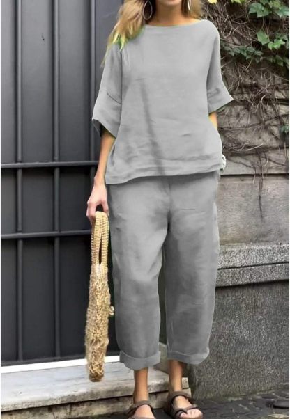 Womens 2 Piece Outfits, Cotton Linen Casual Lounge Sets, 3/4 Sleeve Tops And Elastic Waist Pants, Streetwear