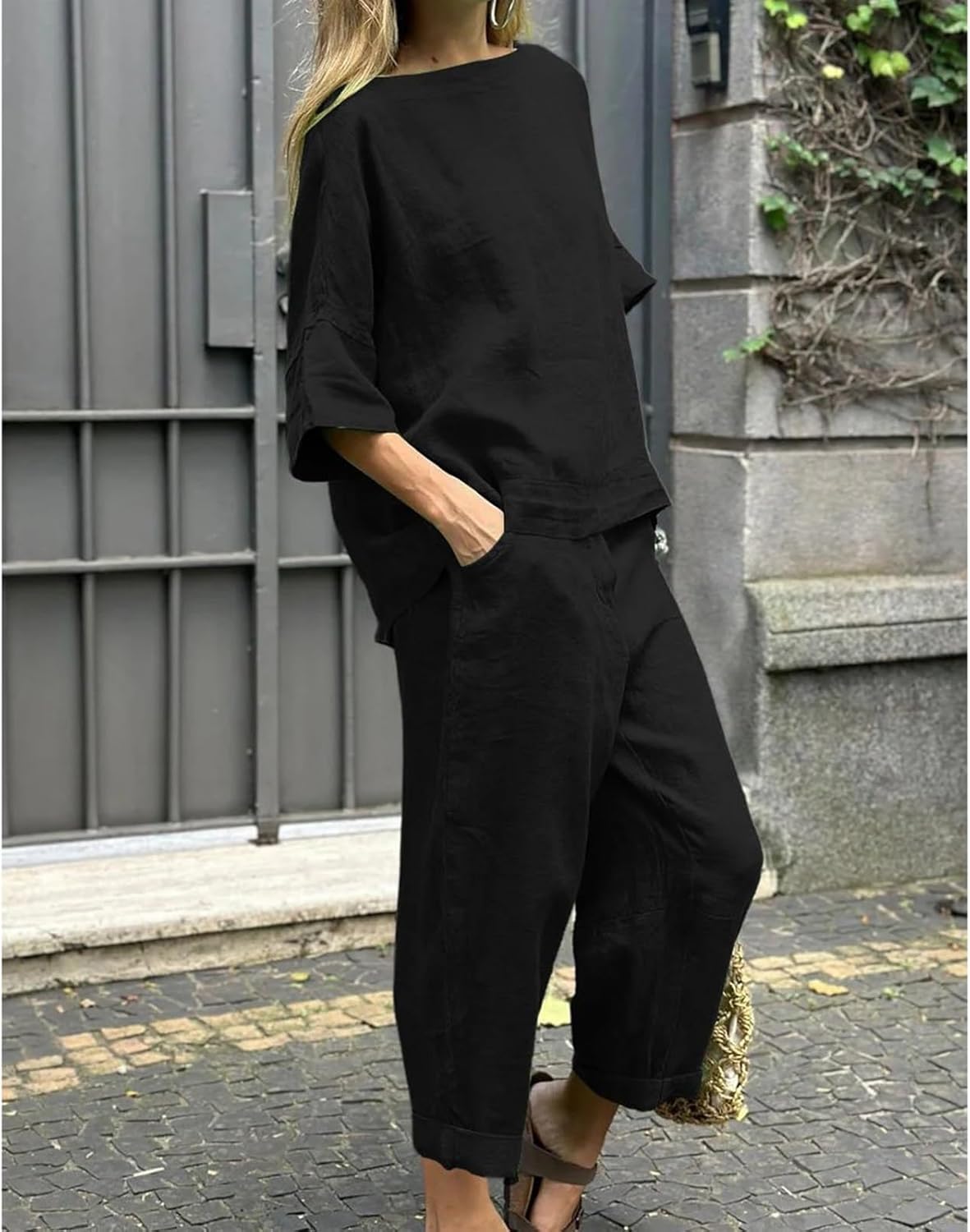 Womens 2 Piece Outfits, Cotton Linen Casual Lounge Sets, 3/4 Sleeve Tops And Elastic Waist Pants, Streetwear