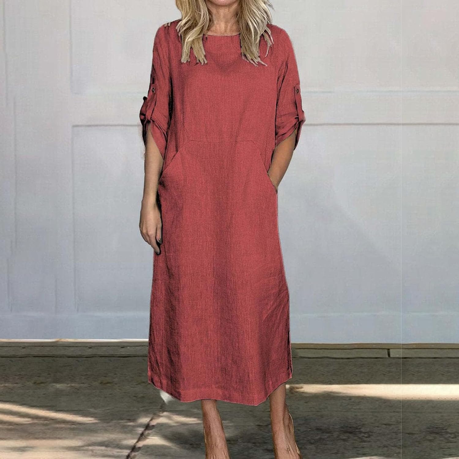 Women's Cotton and Linen Spring and Summer Fashion Solid Color Loose Casual Dress V Neck Dress