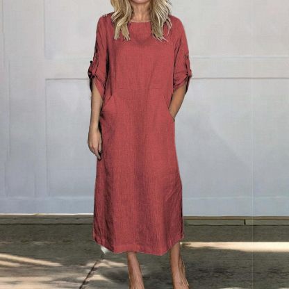 Women's Cotton and Linen Spring and Summer Fashion Solid Color Loose Casual Dress V Neck Dress