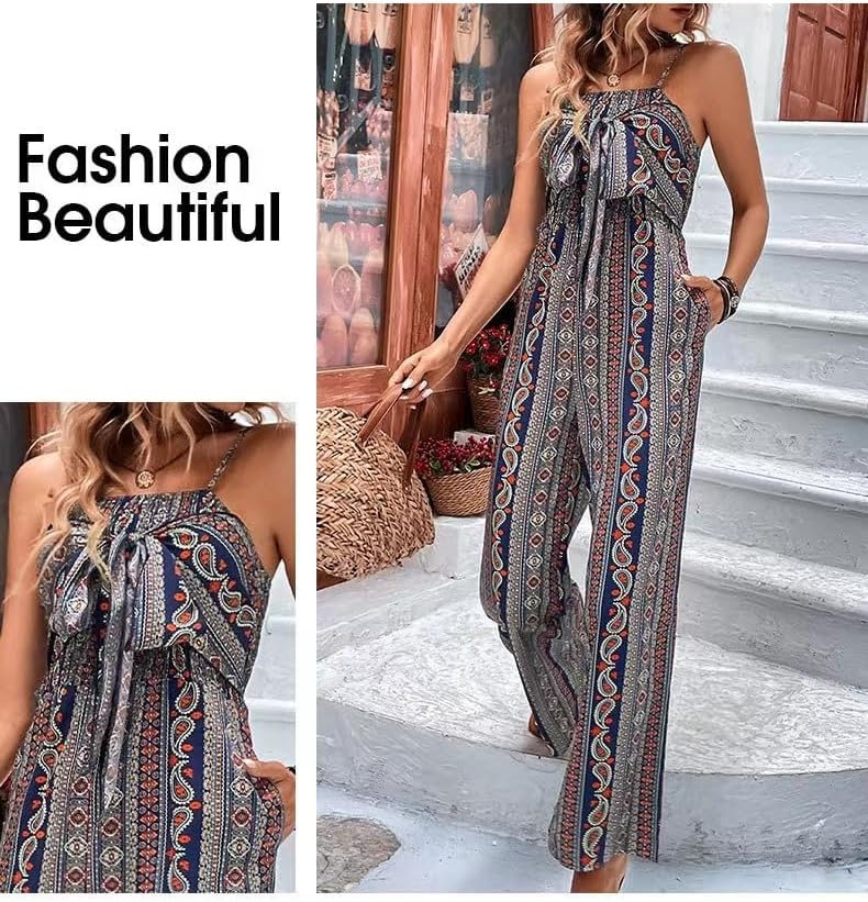 Women 2025 Summer Vintage Jumpsuit Patchwork Hippie Overalls Harem Wide Leg Pants One Piece Romper with Pocket