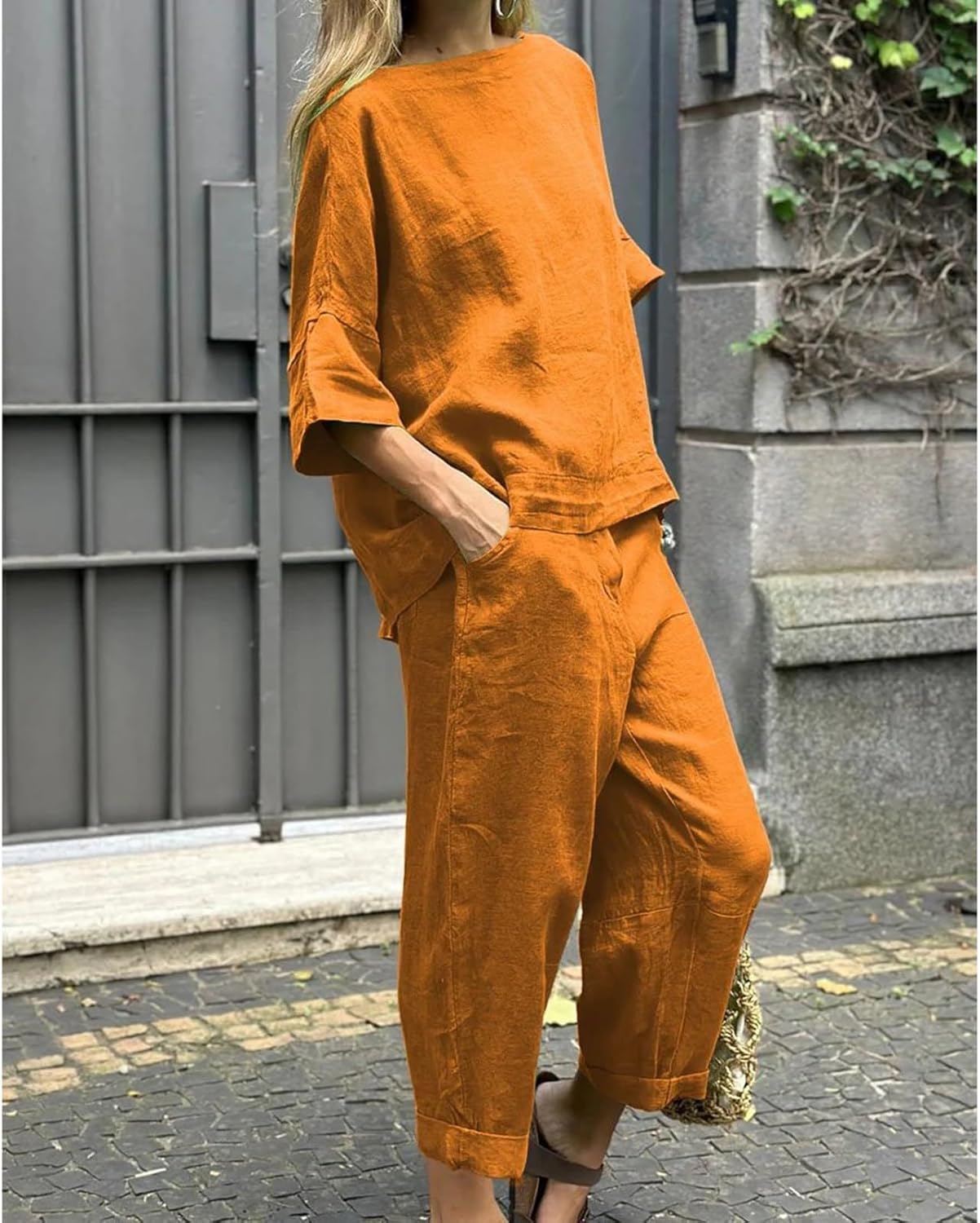 Womens 2 Piece Outfits, Cotton Linen Casual Lounge Sets, 3/4 Sleeve Tops And Elastic Waist Pants, Streetwear