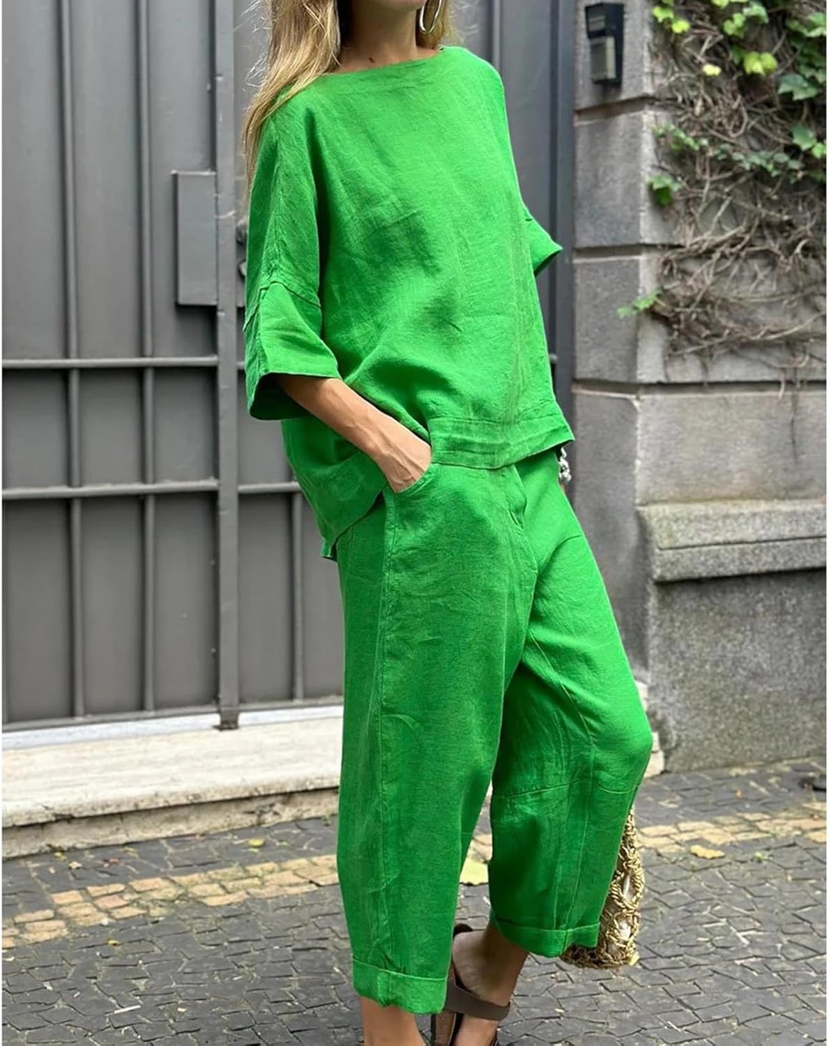 Womens 2 Piece Outfits, Cotton Linen Casual Lounge Sets, 3/4 Sleeve Tops And Elastic Waist Pants, Streetwear