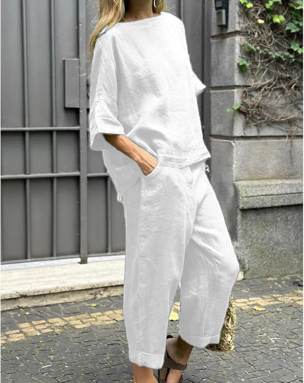 Womens 2 Piece Outfits, Cotton Linen Casual Lounge Sets, 3/4 Sleeve Tops And Elastic Waist Pants, Streetwear