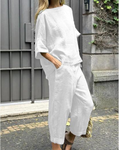 Womens 2 Piece Outfits, Cotton Linen Casual Lounge Sets, 3/4 Sleeve Tops And Elastic Waist Pants, Streetwear