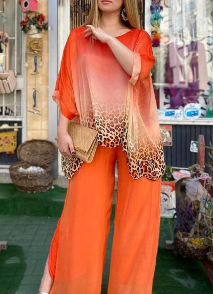 Women Leopard Print Chiffon Mid-sleeve Casual Two-piece Suit