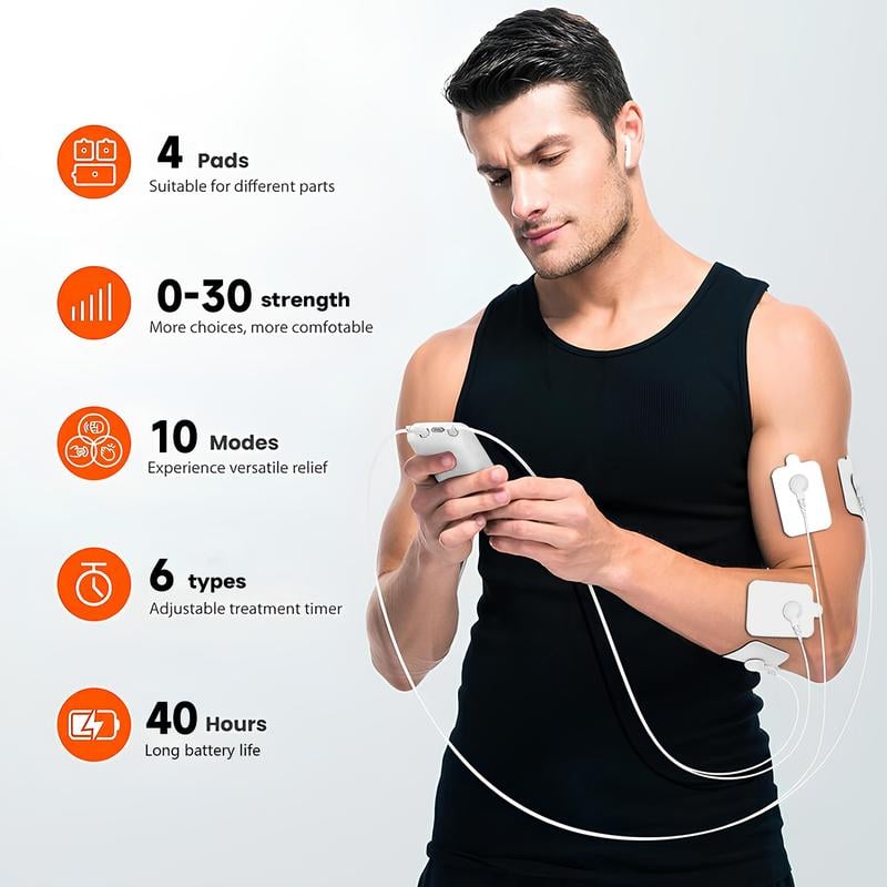Muscle Stimulator – 10 Modes, Dual Channel, 30 Intensity Levels, Compact & Rechargeable, For Back, Neck & Shoulder, 4 Electrode Pads