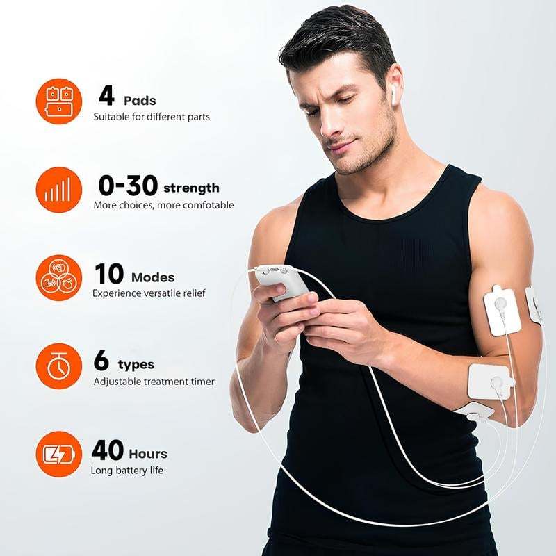 Muscle Stimulator – 10 Modes, Dual Channel, 30 Intensity Levels, Compact & Rechargeable, For Back, Neck & Shoulder, 4 Electrode Pads