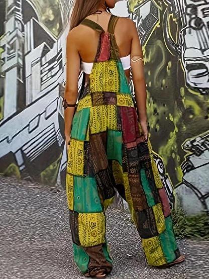 Women 2025 Summer Vintage Jumpsuit Patchwork Hippie Overalls Harem Wide Leg Pants One Piece Romper with Pocket