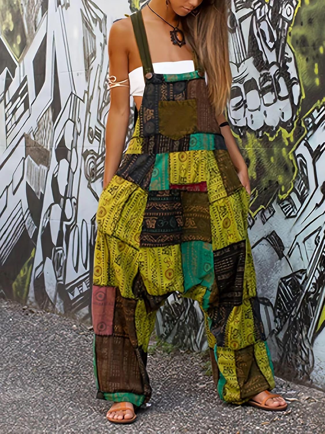 Women 2025 Summer Vintage Jumpsuit Patchwork Hippie Overalls Harem Wide Leg Pants One Piece Romper with Pocket
