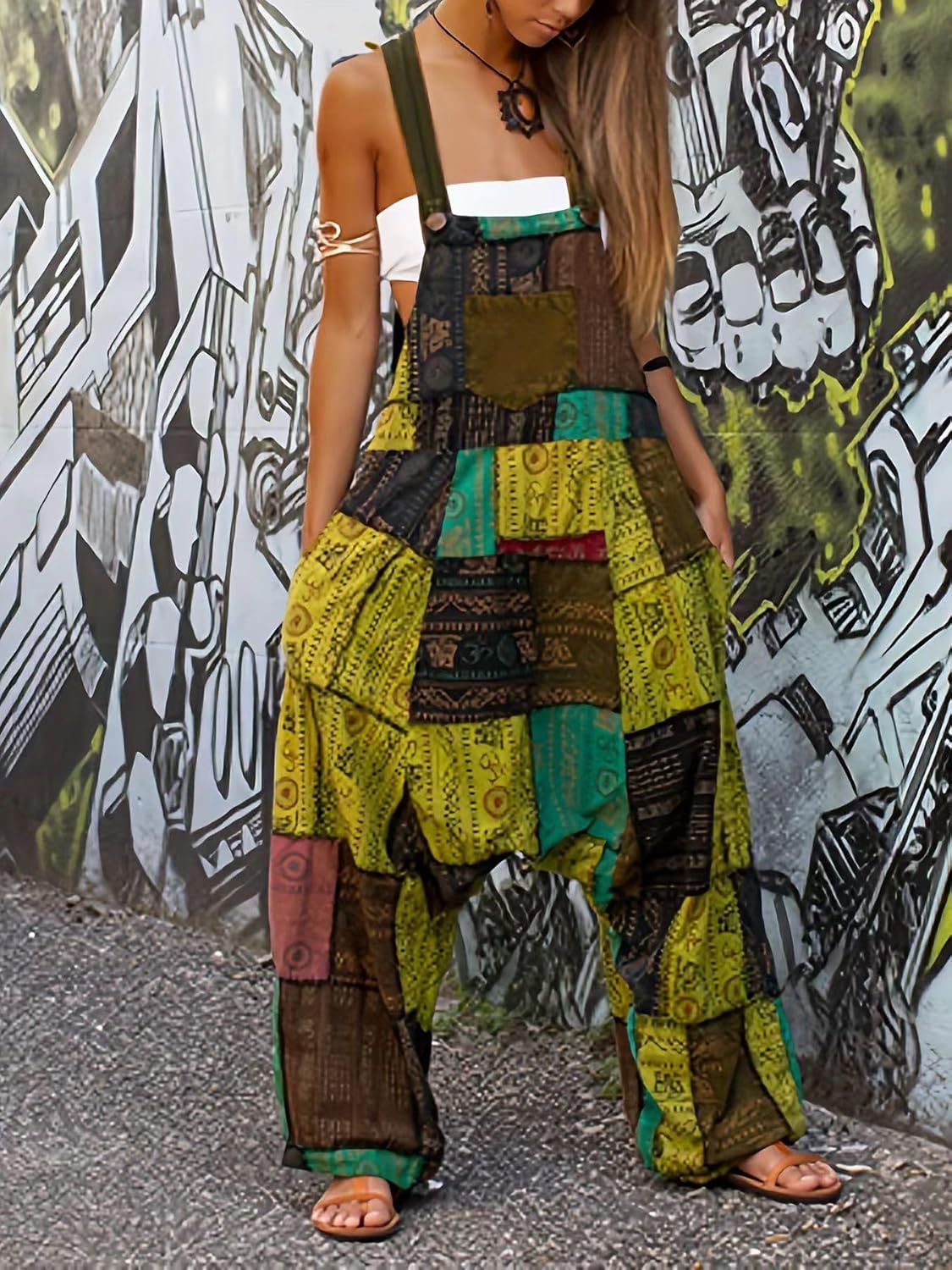 Women 2025 Summer Vintage Jumpsuit Patchwork Hippie Overalls Harem Wide Leg Pants One Piece Romper with Pocket