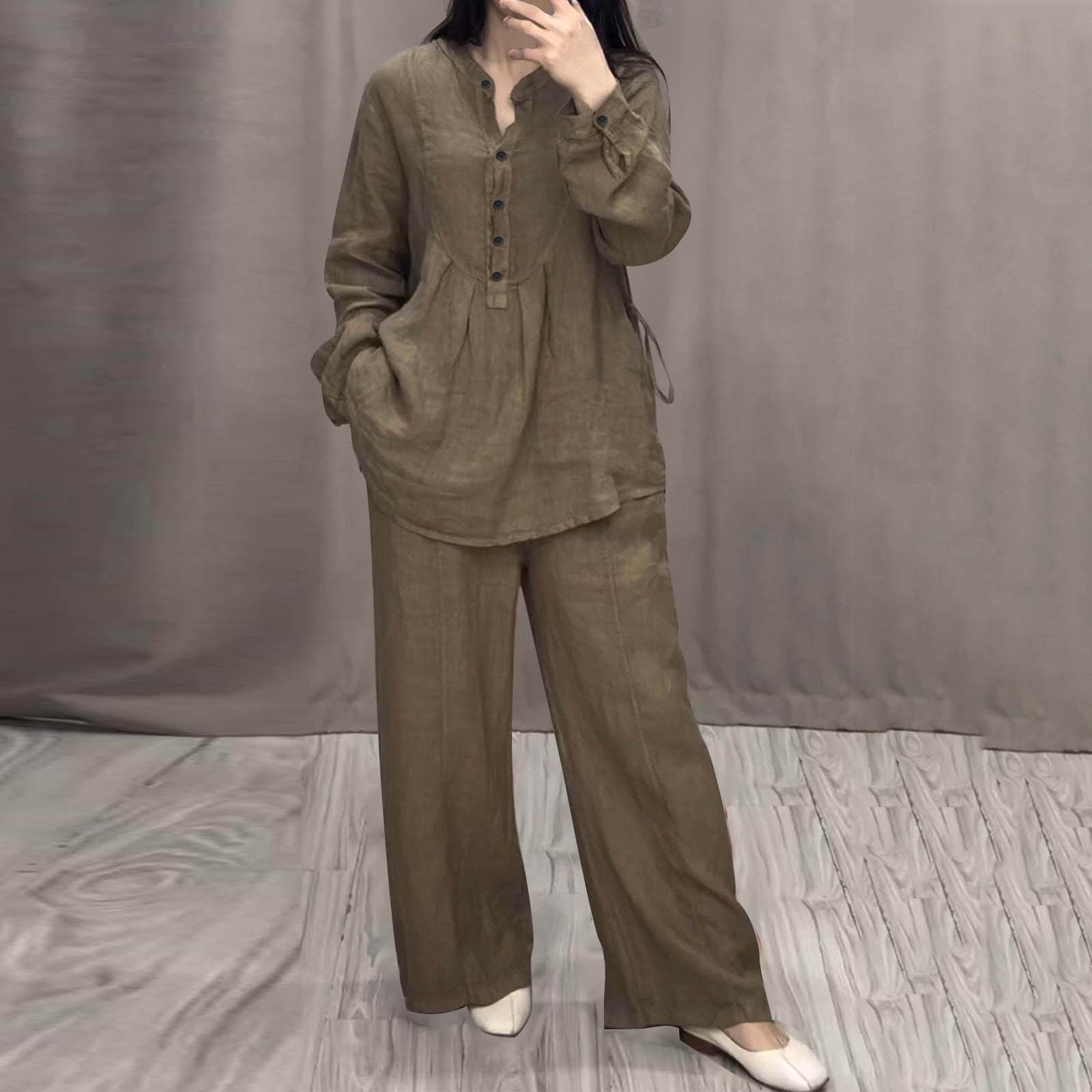 Women's Two Piece Outfits Cotton Linen Pants Sets Casual Long Sleeve Button Down Henley Tops and Pants Lounge Sets Red XXL 12