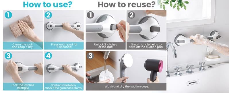 🚿16 Inch No Drilling Suction Cup Removable Bathroom Safety Handrail | Waterproof Anti-Slip Shower Grab Bar & Bathtub Grip