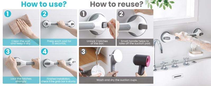 🚿16 Inch No Drilling Suction Cup Removable Bathroom Safety Handrail | Waterproof Anti-Slip Shower Grab Bar & Bathtub Grip