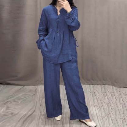 Women's Two Piece Outfits Cotton Linen Pants Sets Casual Long Sleeve Button Down Henley Tops and Pants Lounge Sets Red XXL 12