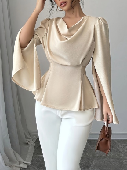 1pc Elegant Solid Color Polyester Shirt for Women, Spring\u002FSummer Collection, Drape Neck with Belt Detail, Regular Length, Woven Fabric, Split Sleeve Design