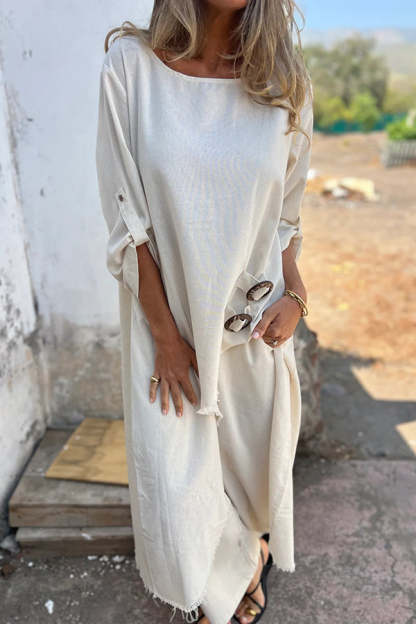 Linen blend ring trim midi shirt and elastic waistband pocket slacks set
