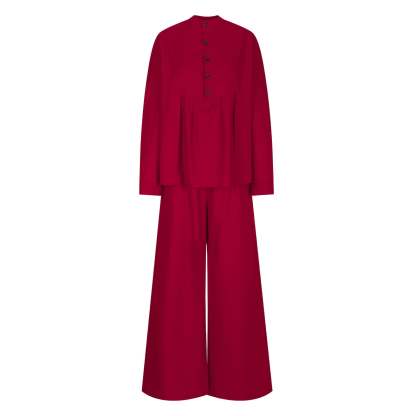 Women's Two Piece Outfits Cotton Linen Pants Sets Casual Long Sleeve Button Down Henley Tops and Pants Lounge Sets Red XXL 12