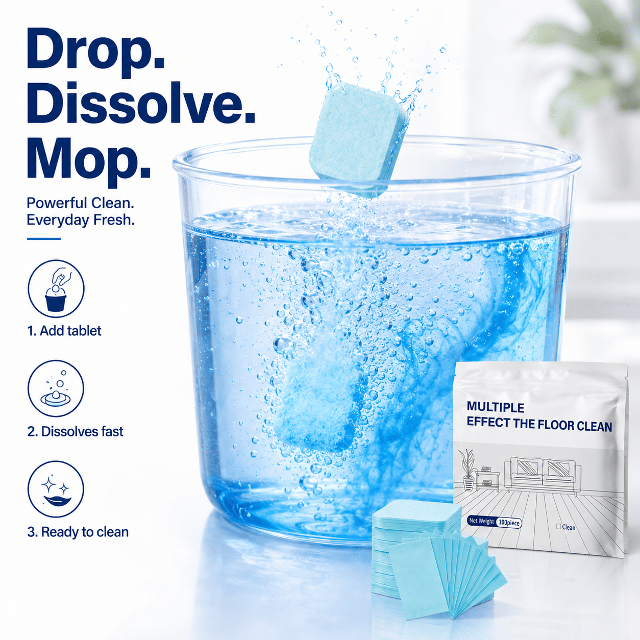 100PCS Floor Cleaning Tablets – Powerful Multi-Surface Mop Cleaner for Hardwood, Tile, Laminate & RV Walls, Fresh Scent Deodorizing Formula