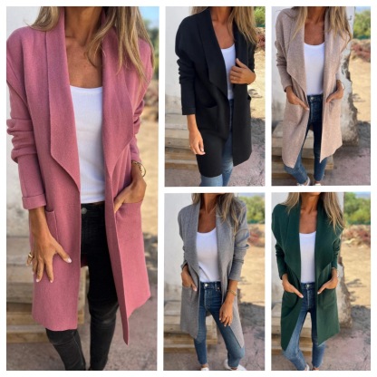 Autumn And Winter Lapel Medium-Length Knitted Cardigan Thin Woolen Jacket