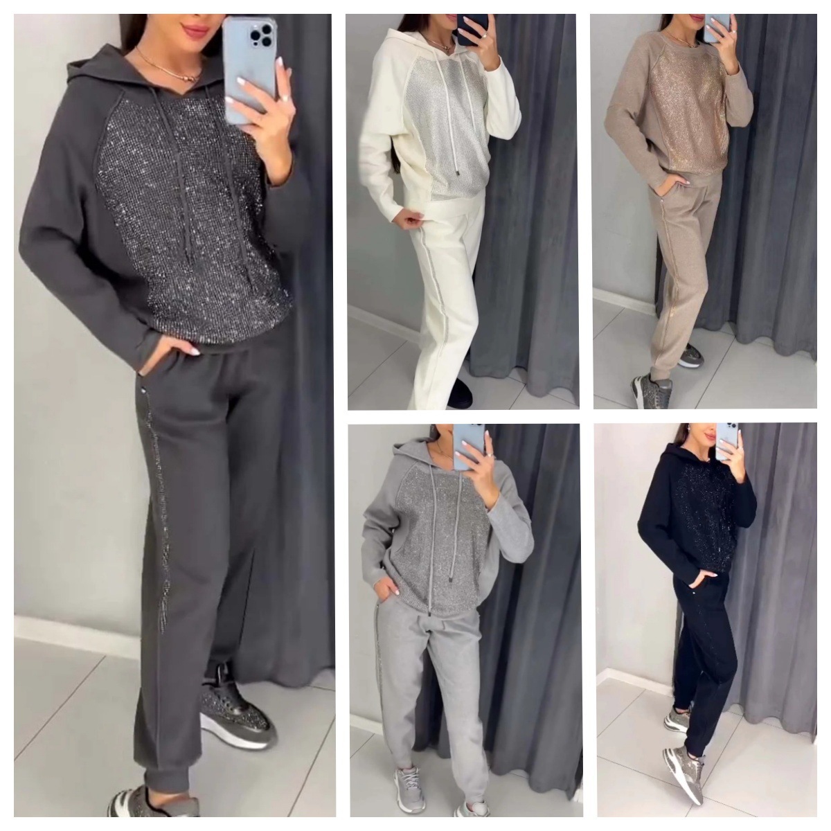 Women's casual diamond embellished hooded track suit