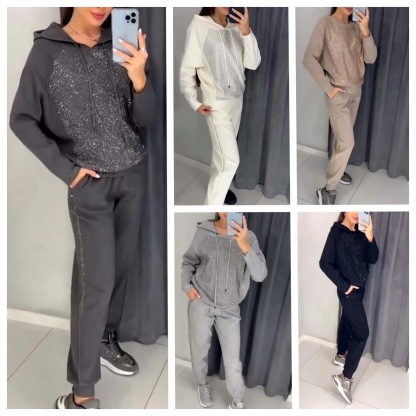 Women's casual diamond embellished hooded track suit
