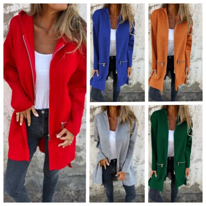 Popular Women'S Fall And Winter Solid Color Casual Zipper Hooded Jacket Jacket
