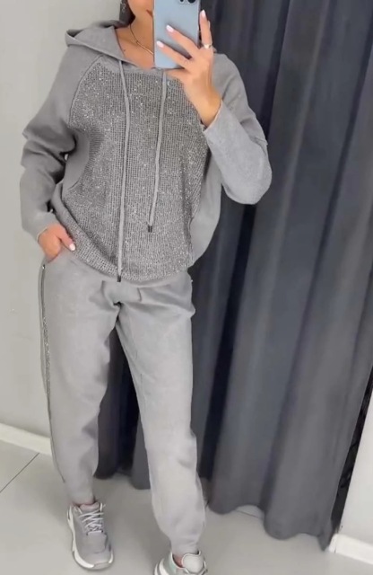 Women's casual diamond embellished hooded track suit