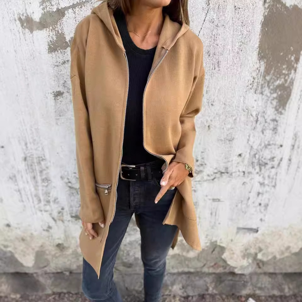 Popular Women'S Fall And Winter Solid Color Casual Zipper Hooded Jacket Jacket
