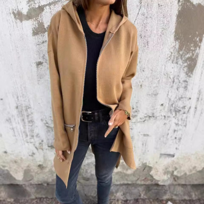 Popular Women'S Fall And Winter Solid Color Casual Zipper Hooded Jacket Jacket