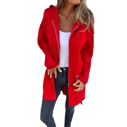 Popular Women'S Fall And Winter Solid Color Casual Zipper Hooded Jacket Jacket