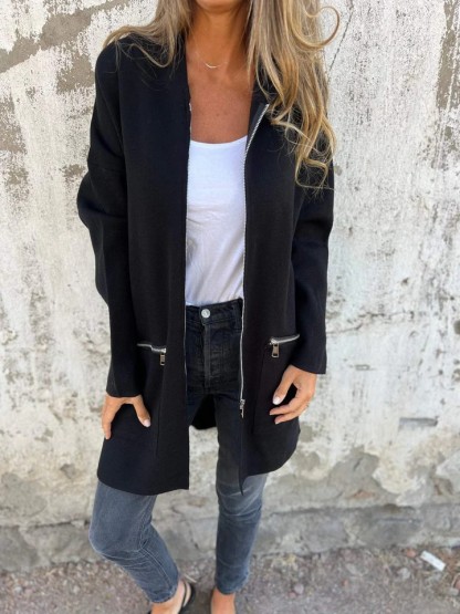 Popular Women'S Fall And Winter Solid Color Casual Zipper Hooded Jacket Jacket