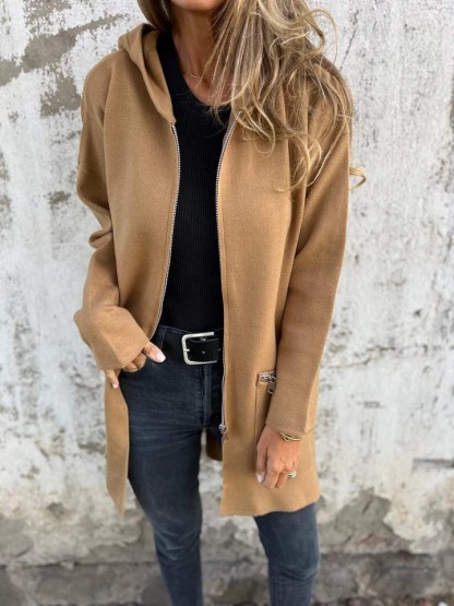 Popular Women'S Fall And Winter Solid Color Casual Zipper Hooded Jacket Jacket